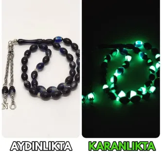 Tesbih Sakarya Kişiye Özel Harfli - Parçalı Fosforlu Kedigözü - Toz Kehribar Tesbih / Tespih görsel 1