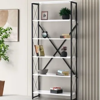 Sivas Gözde Mobilya Ferforje Beyaz Ahşap 5 Raflı Kitaplık 80x30x180