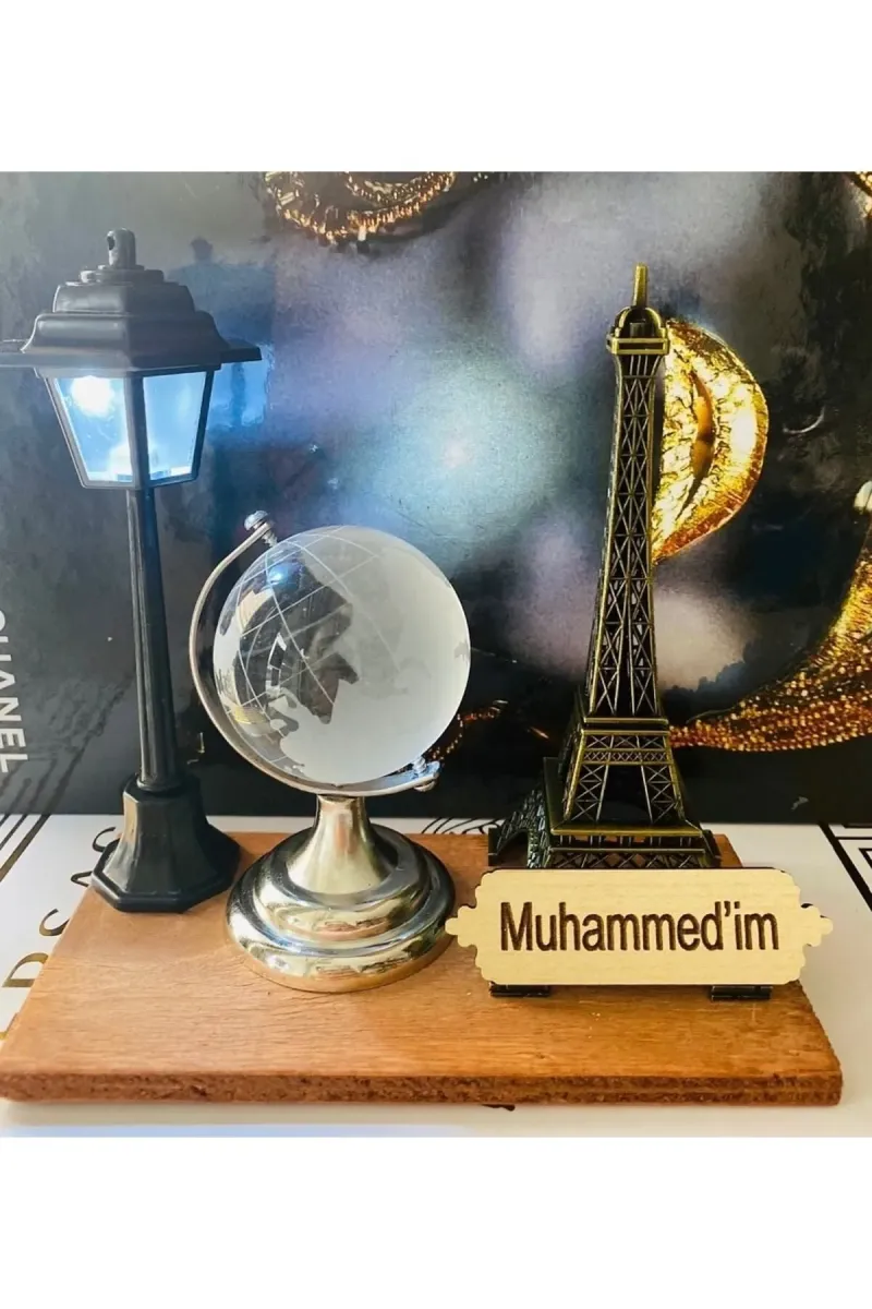 MYK HEDİYE VE SANAT ATÖLYESİ  Ofis Hediyesi Set Cam Dünya Küre Metal Eyfel Sokak Lambası Ahşap Kaide görsel 5