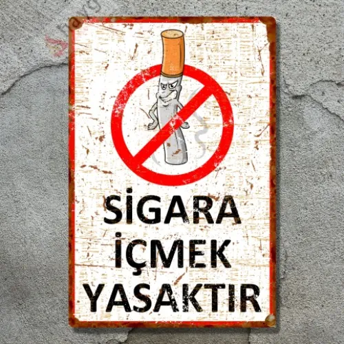 Sinsi Gülüş Karikatürlü Sigara İçmek Yasaktır, Pas Görünümlü Metal Uyarı Levhası 20cm x 30cm