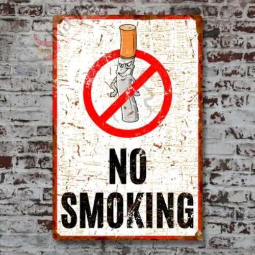 Sinsi Gülüş Karikatürlü No Smoking, Pas Görünümlü Sigara içmek Yasaktır Metal Tabela 20cm x 30cm görsel 1