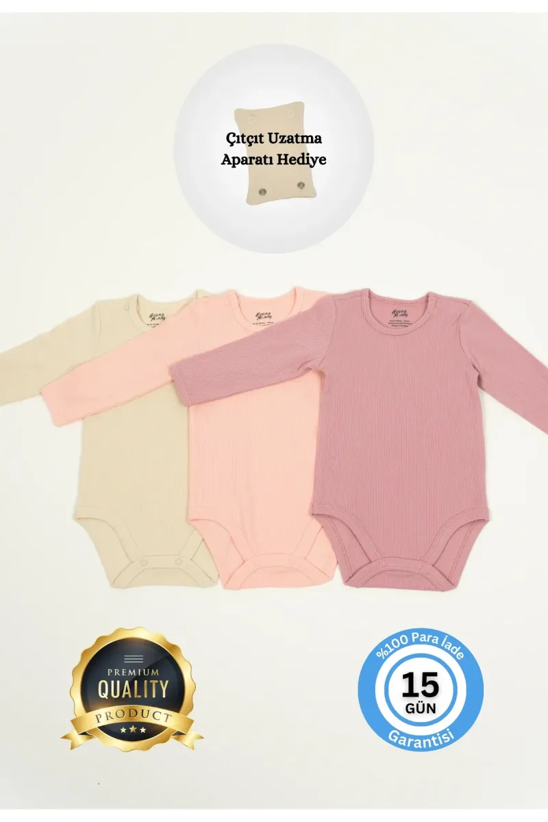 Huggy Mommy Premium Fitilli Kumaş %100 Organik Pamuk Kız Bebek Uzun Kol Body Zıbın Çıtçıtlı Badi Set -Hediyeli görsel 1