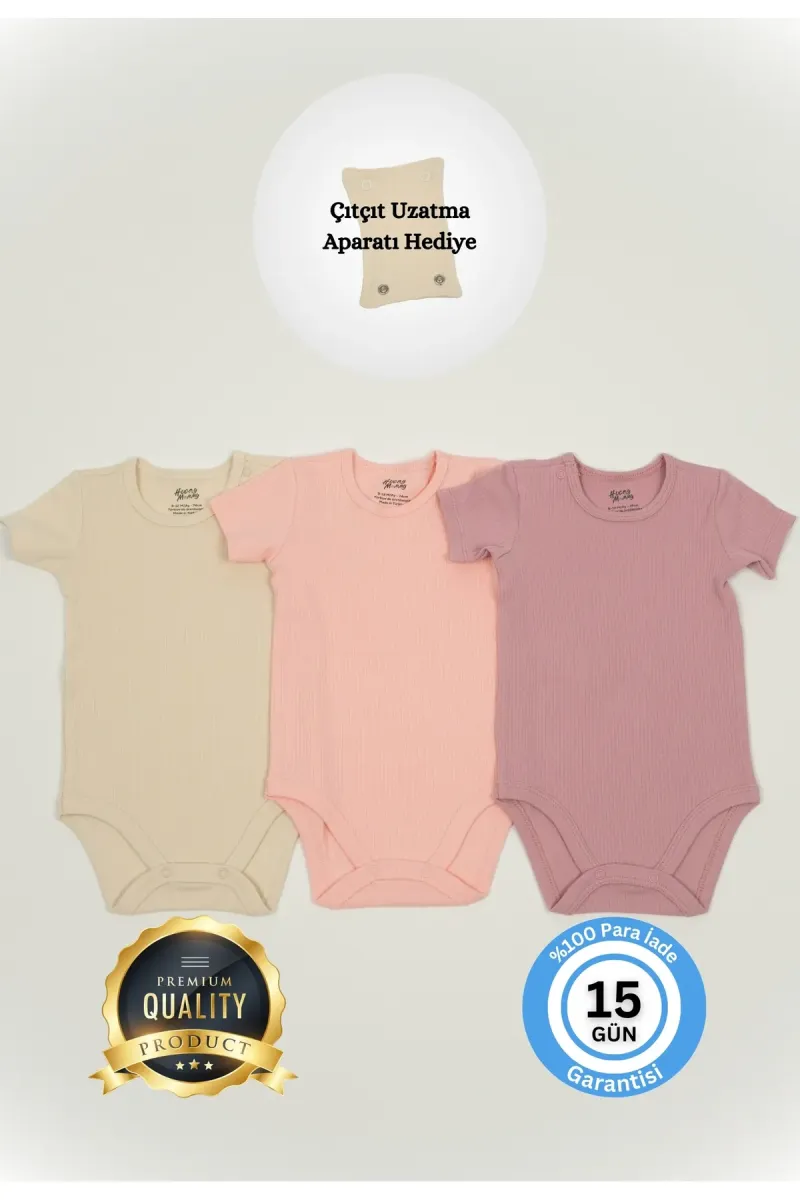 Huggy Mommy Premium Fitilli Kumaş %100 Organik Pamuk Kız Bebek Kısa Kol Body Zıbın Çıtçıtlı Badi 3'lü Set Hedye görsel 1