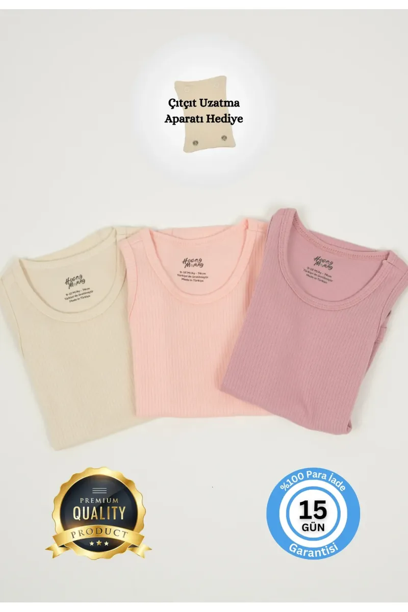 Huggy Mommy Premium Fitilli Kumaş %100 Organik Pamuk Kız Bebek Atlet Body Zıbın Çıtçıtlı Badi Set Uzatma Hediye görsel 3
