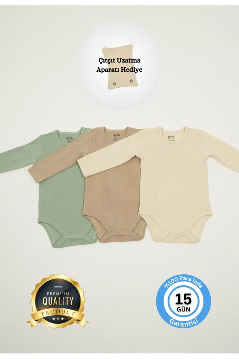 Huggy Mommy Premium Fitilli Kumaş %100 Organik Pamuk Erkek Bebek Uzun Kol Body Zıbın Çıtçıtlı Badi Set -Hediyeli görsel 1