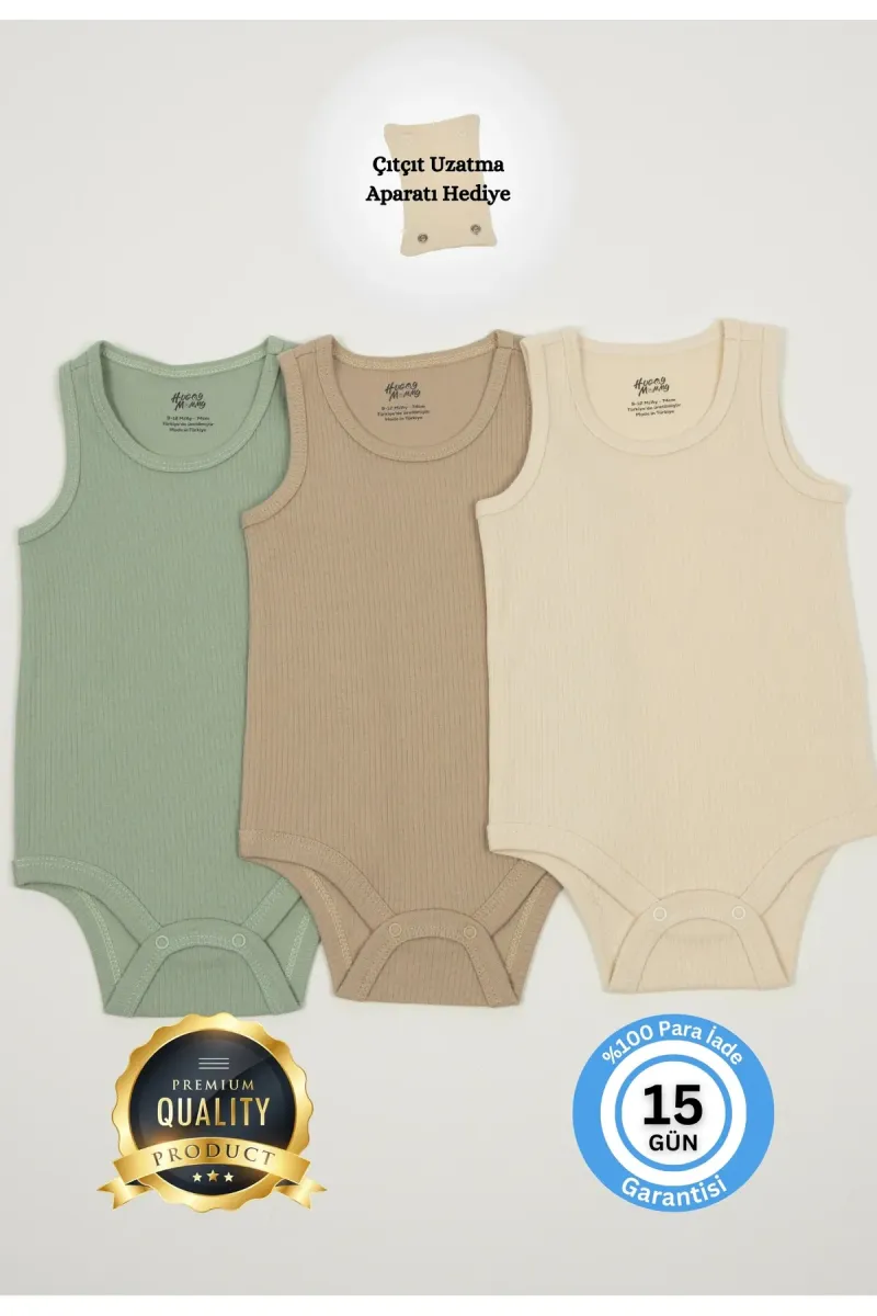 Huggy Mommy Premium Fitilli Kumaş %100 Organik Pamuk Erkek Bebek Atlet Body Zıbın Çıtçıtlı Badi 3'lü Set Hediye görsel 1