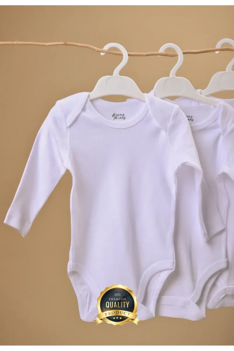 Huggy Mommy Premium %100 Organik Pamuk Beyaz Uzun Kol Bebek Body Zıbın Çıtçıtlı Bebek Badi 3'lü Set - Hediyeli görsel 1