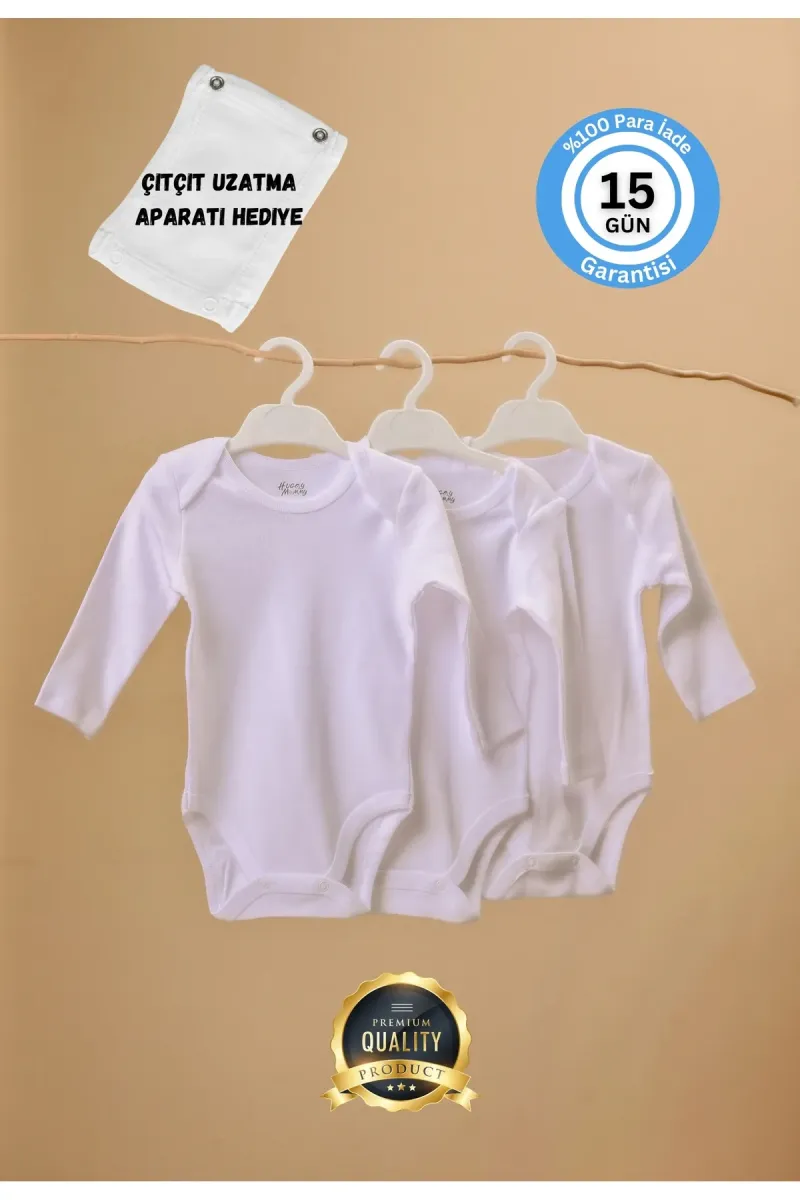 Huggy Mommy Premium %100 Organik Pamuk Beyaz Uzun Kol Bebek Body Zıbın Çıtçıtlı Bebek Badi 3'lü Set - Hediyeli görsel 2