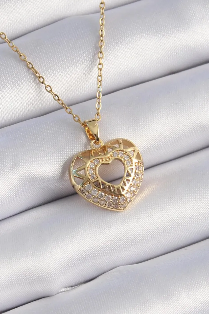 BUTİK AYVİTRİN 316L Çelik Gold Renk Zirkon Taşlı Kalp Model Vintage Kadın Kolye görsel 2