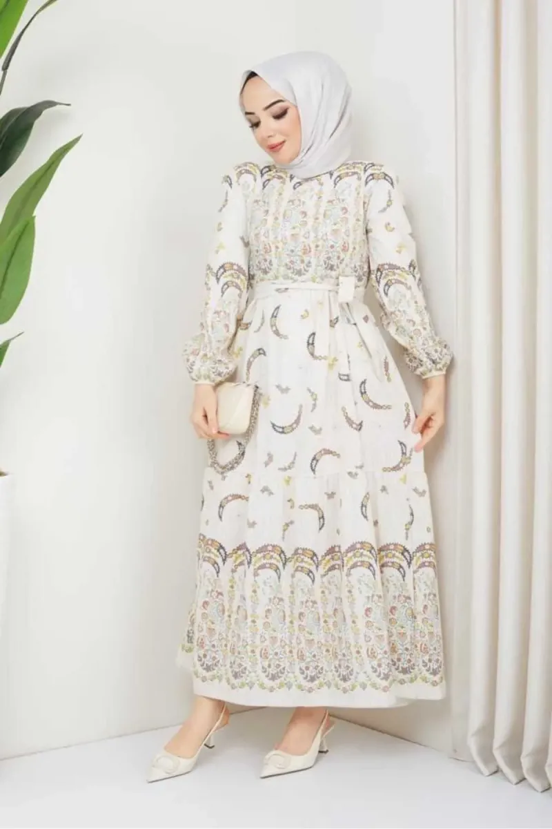 BAV Butik Ayvitrin Kadın Otantik Muz Desen Keten Linen Tesettür Elbise görsel 2