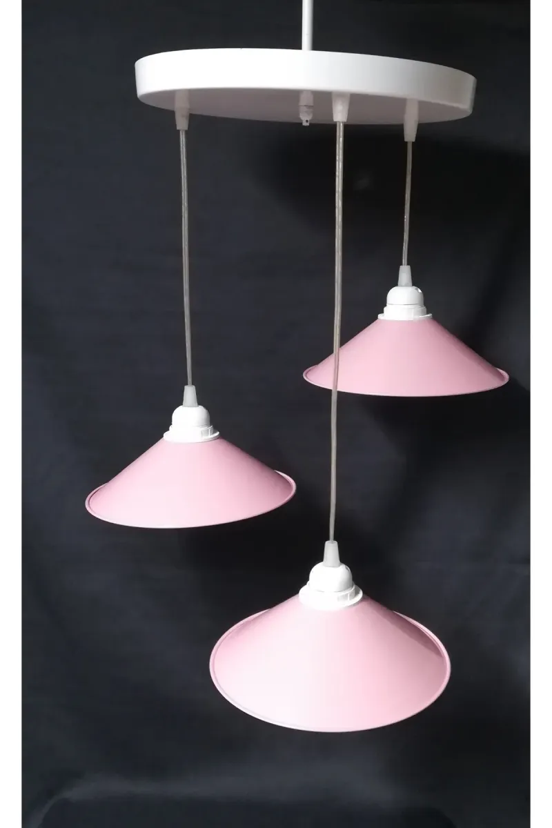 Tekay Aydınlatma 3 lü metal tepsili avize pembe metal başlık görsel 1