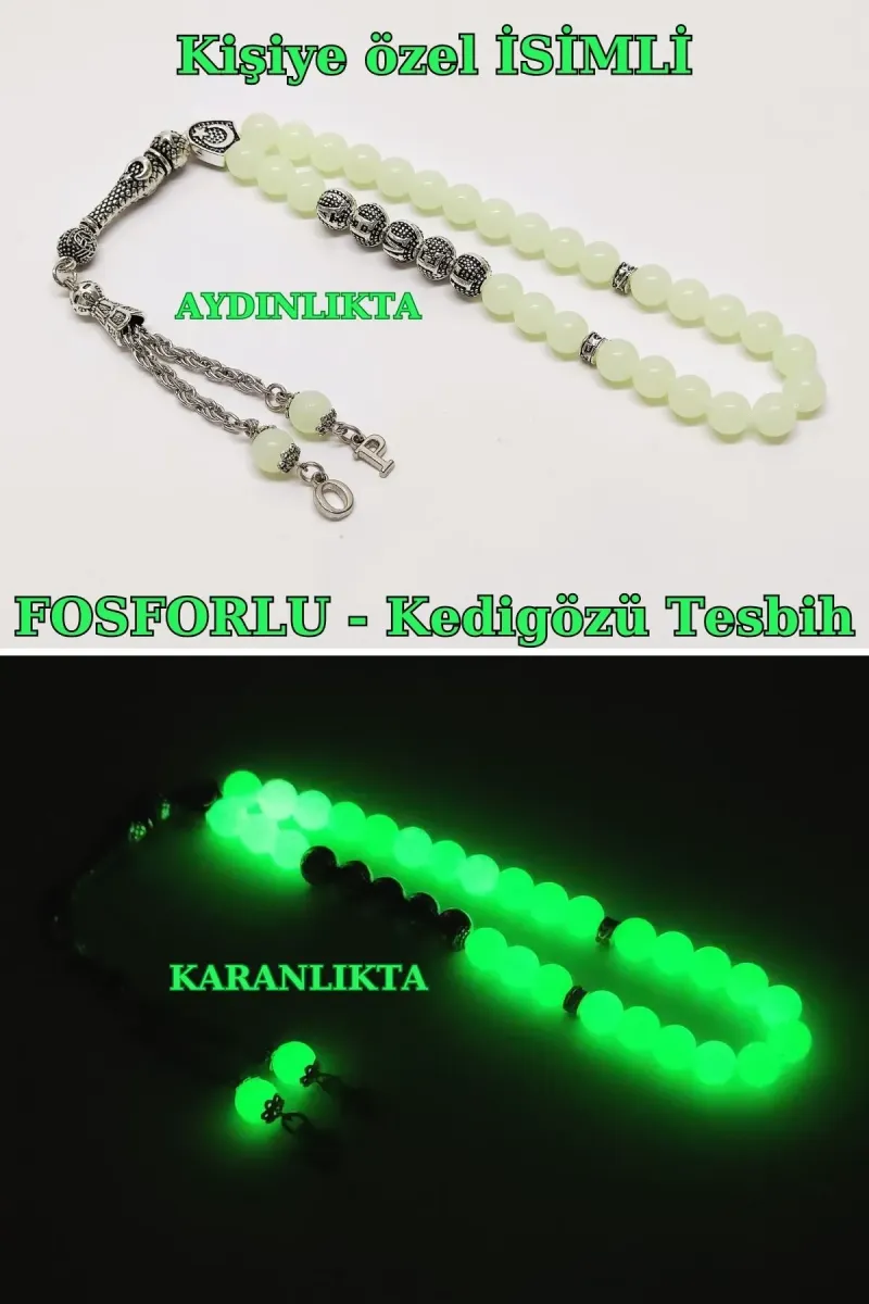 Tesbih Sakarya Kişiye Özel Isimli - Püskül Ucu Harfli - Fosforlu Kedigözü Tesbih görsel 3