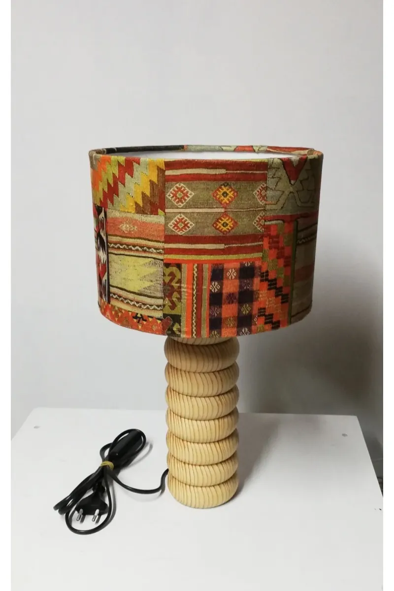 Tekay Aydınlatma Çul Kilim Desenli Başlık, Doğal Ahşap Abajur görsel 1
