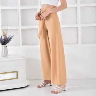 Modkofoni Halkalı Bol Paça Bağcıklı Camel Keten Kadın Pantolon görsel 1