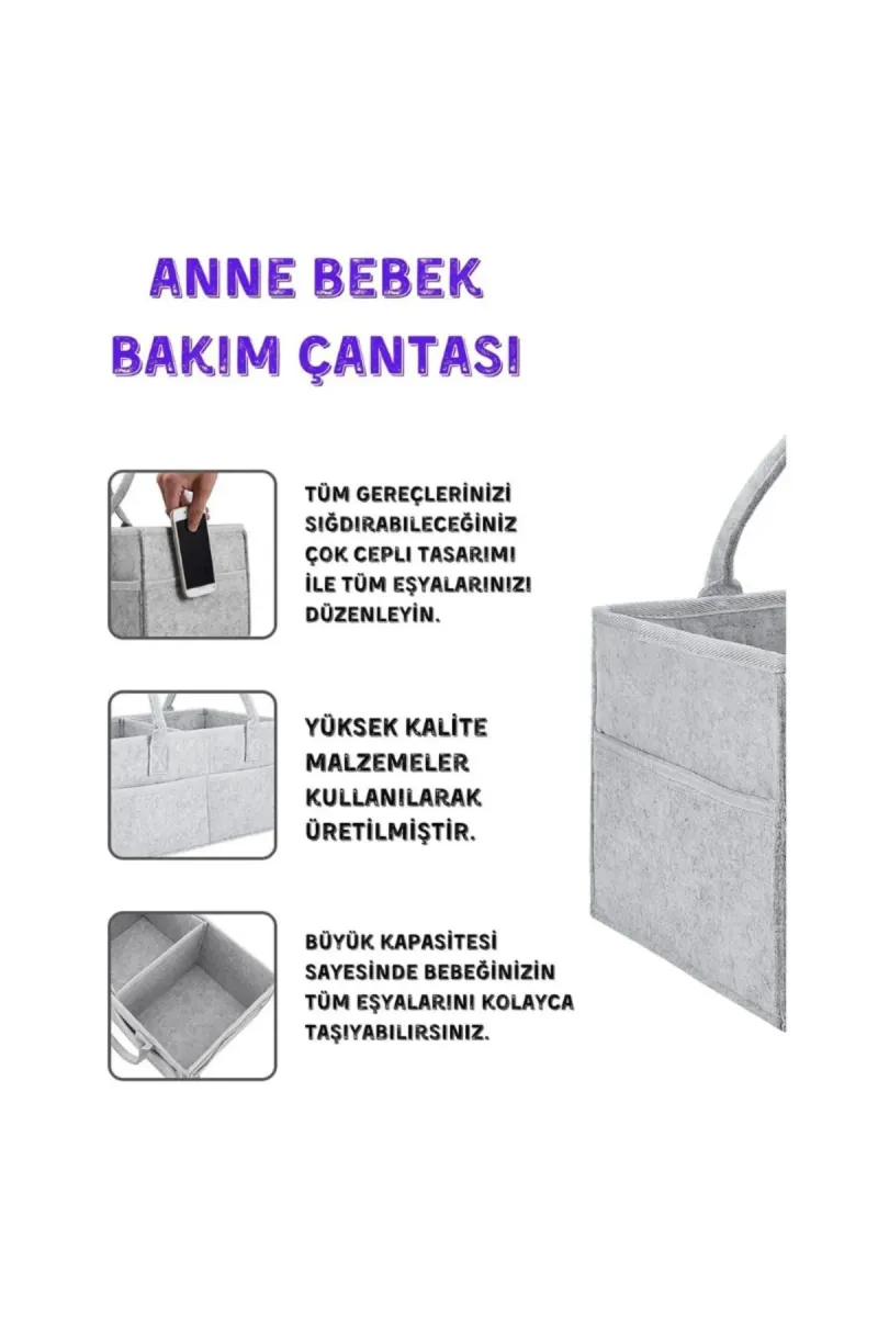 Huggy Mommy Pratik Keçe Düzenleyici Organizer Anne Bebek Bakım Çantası Hafif Şık Alt Açma Yanı Günlük Kullanım görsel 2