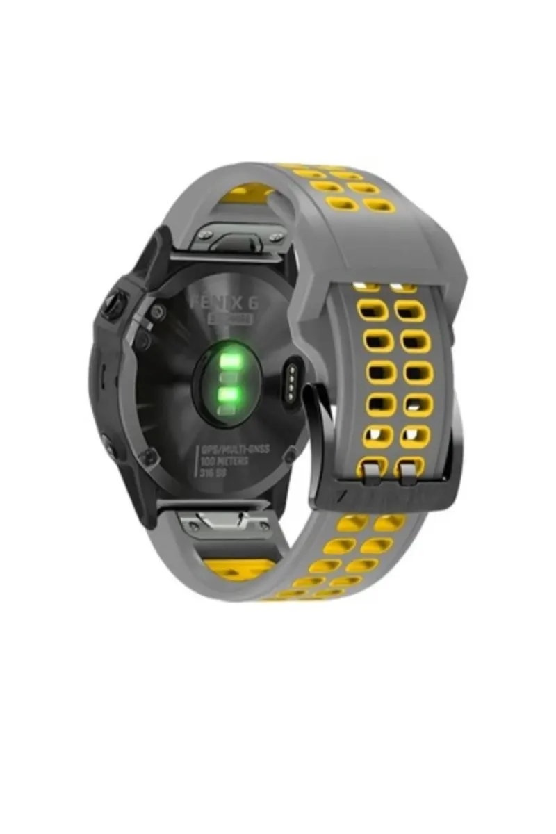 MarkaCase Garmin Tactix Charlie Için Quick Fit Özellikli (26MM) Çift Sıralı Silikon Saat Kordonu - Gri/Sarı görsel 2