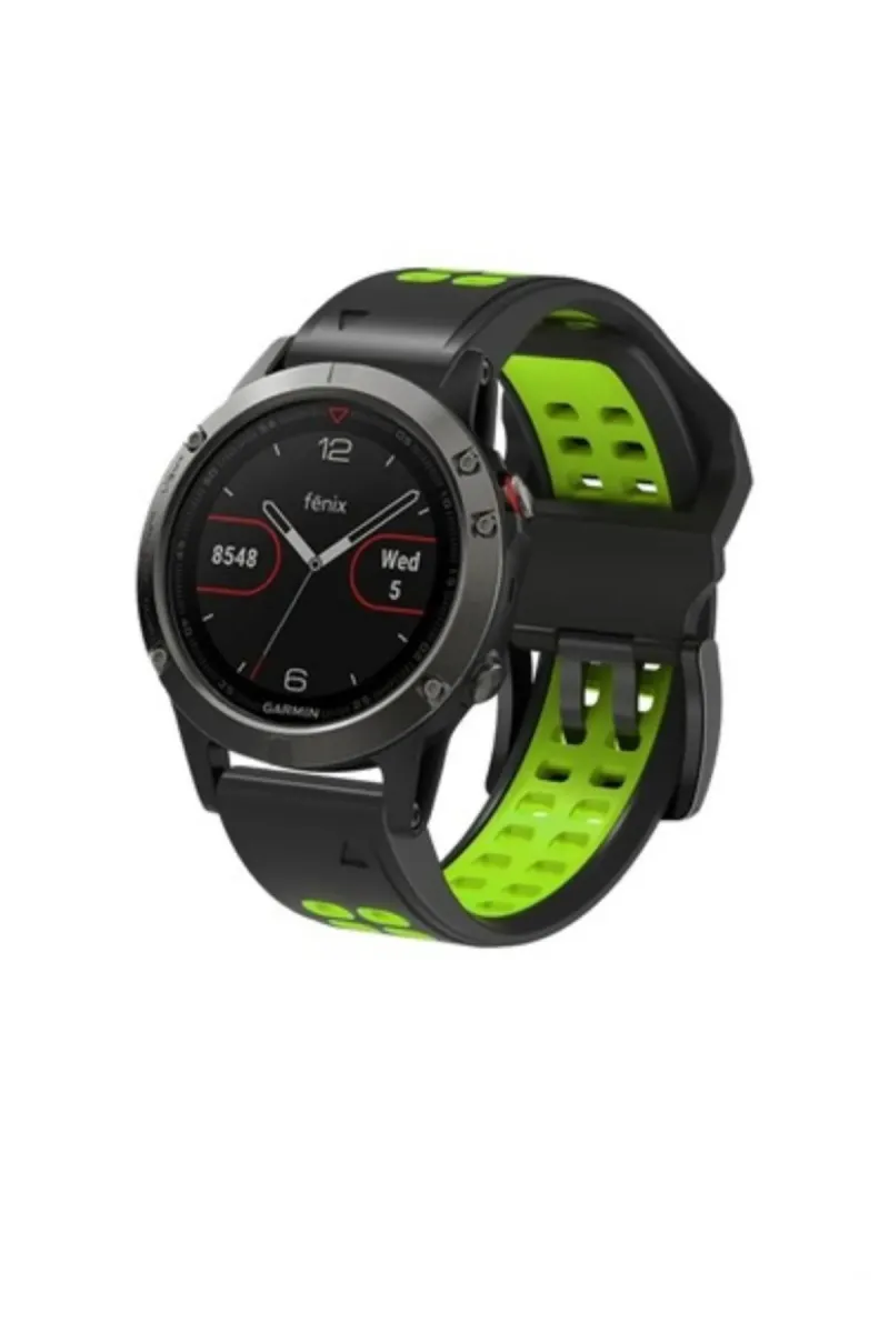 MarkaCase Garmin Tactix Charlie Için Quick Fit Özellikli (26MM) Çift Sıralı Silikon Saat Kordonu - Siyah/Yeşil