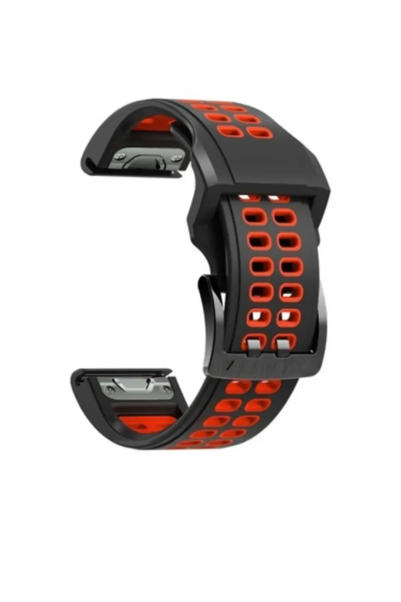 MarkaCase Garmin Tactix Charlie Için Quick Fit Özellikli (26MM) Çift Sıralı Silikon Saat Kordonu - Siyah Kırmızı görsel 4