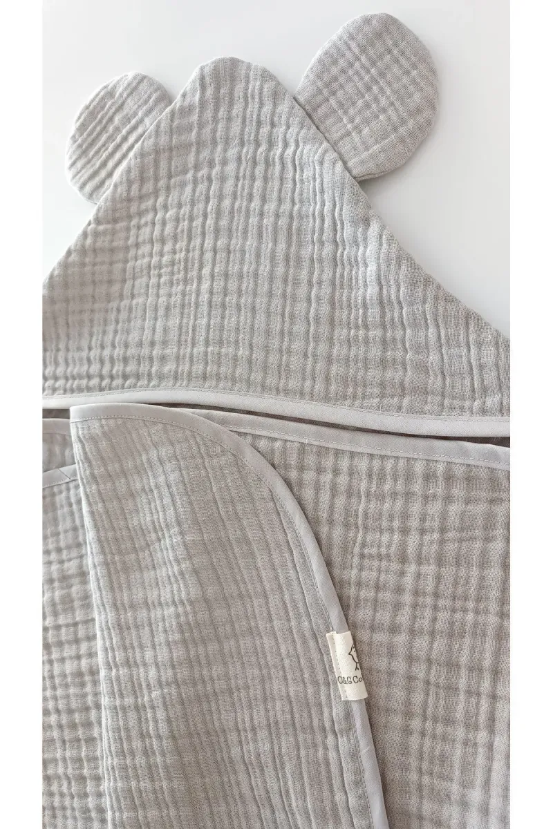 O&G Collection Gri %100 Pamuklu , Organik 4 Katlı Multi Müslin Bebek / Çocuk , Bornoz / Havlu Banyo / Havuz / Deniz görsel 2