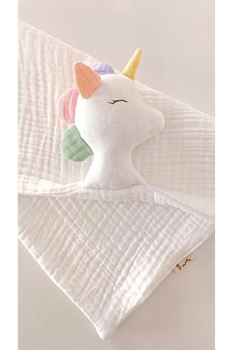 O&G Collection Sevimli Unicorn %100 Pamuklu Organik 8 Katlı Müslin Uyku Arkadaşı/ Bebek Hediyelik / Oyuncak görsel 1