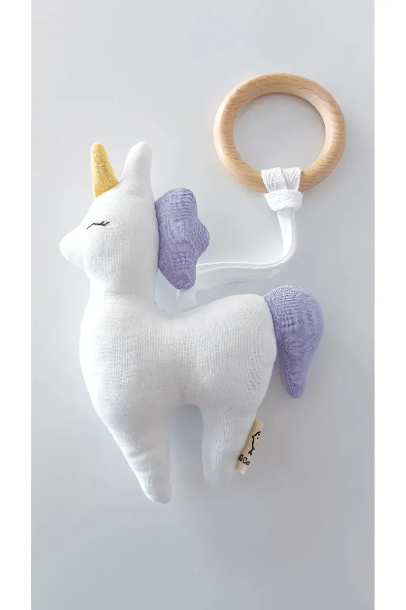 O&G Collection Unicorn %100 Pamuklu Organik 4 Katlı Multi Müslin Ahşap Diş Kaşıyıcı Oyuncak / Bebek Odası Dekor görsel 1