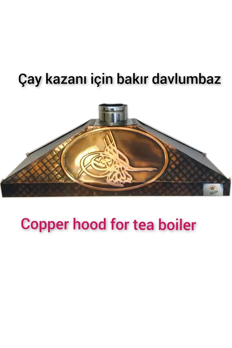 SAFİR ÇAY KAZANLARI Osmanlı Tuğra Model Bakır Davlumbaz 4 Gözlü Çay Kazanı için 110 cm Bakır Davlumbaz görsel 1