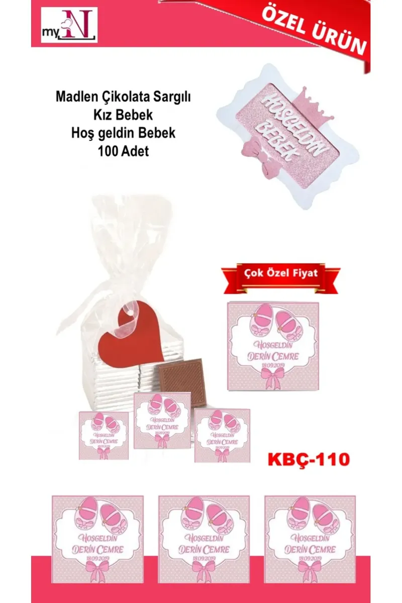 Madlen Çikolata Sargılı Kız Bebek Hoş geldin Bebek 100 Adet görsel 1