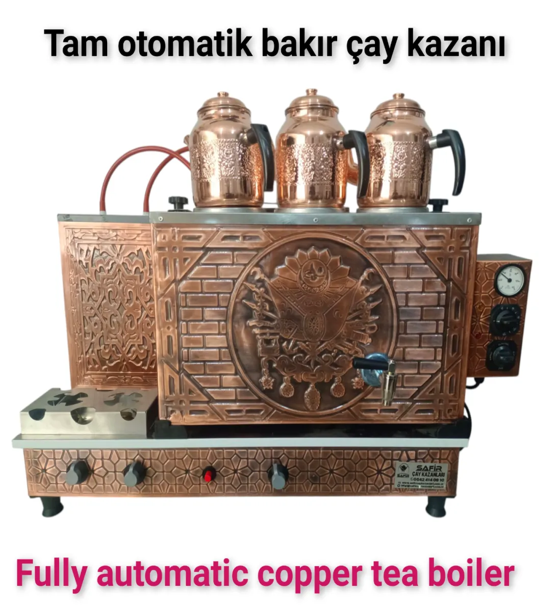 3 demlikli bakır çay kazanı elektrik +Tüplü tam otomatik Çay ocağı Osmanlı tuğra model Çay semaveri görsel 1