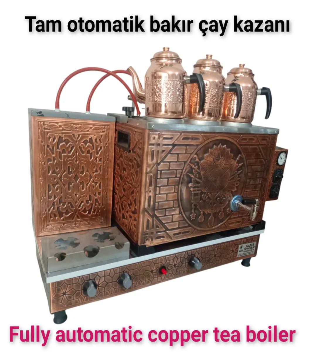 3 demlikli bakır çay kazanı elektrik +Tüplü tam otomatik Çay ocağı Osmanlı tuğra model Çay semaveri görsel 2