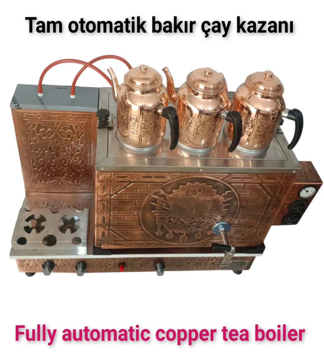 3 demlikli bakır çay kazanı elektrik +Tüplü tam otomatik Çay ocağı Osmanlı tuğra model Çay semaveri görsel 4
