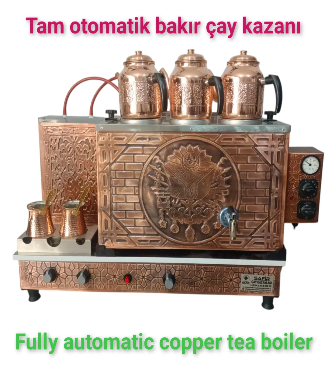 3 gözlü Bakır Tam Otomatik Çay Kazanı Elektrik + doğalgazlı Ce Belgeli ve  Gazmer açılış onaylı Tam Dijital çakmaklı Prizma Alt Tabanlı Tam otomatik çay kazanı. görsel 1