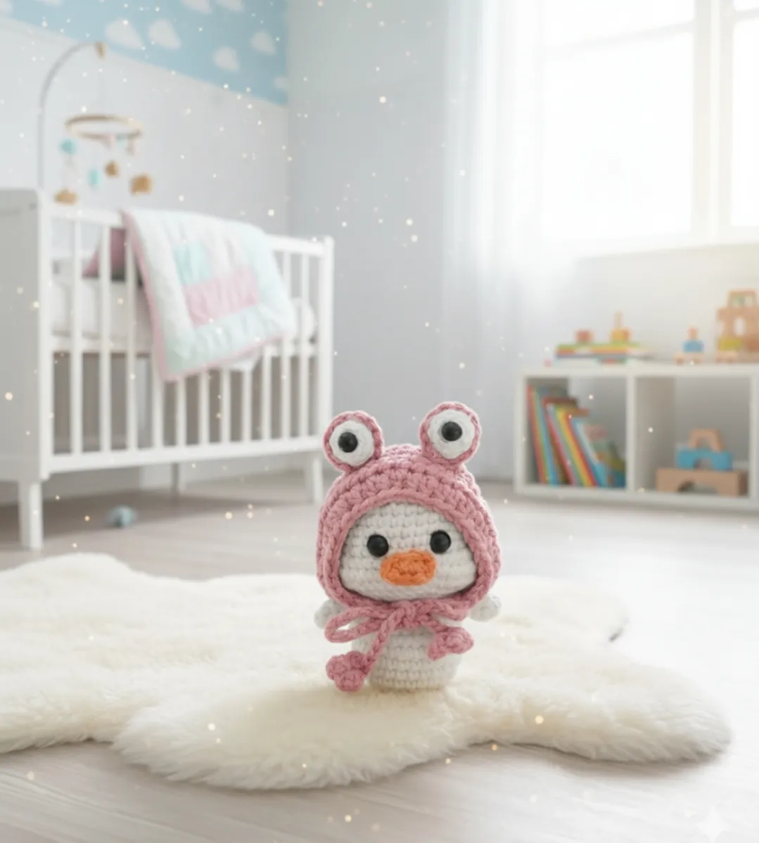 Amigurumi şapkalı minik ördek anahtarlık oyuncak beyaz pembe