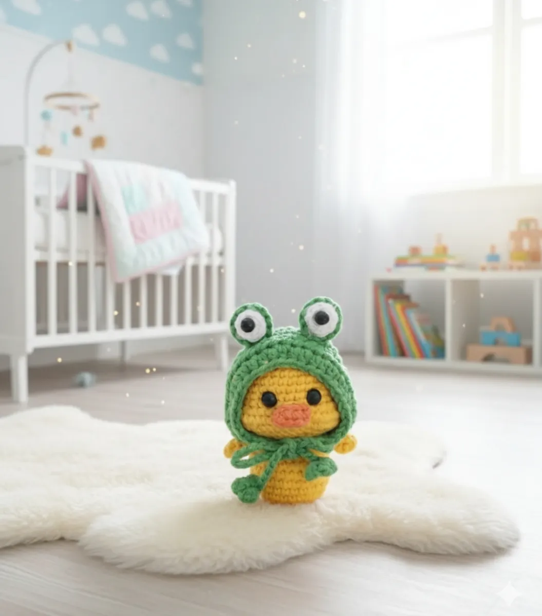 Amigurumi minik sarı ördek kurbağa şapkalı ördek anahtarlık oyuncak minik