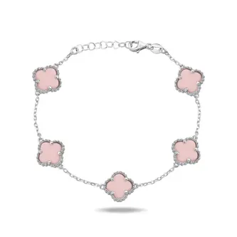 ZEY GÜMÜŞ UNISEX ÇOKLU YONCA  PEMBE SERAMİK TAŞLI 925 AYAR BİLEKLİK görsel 1