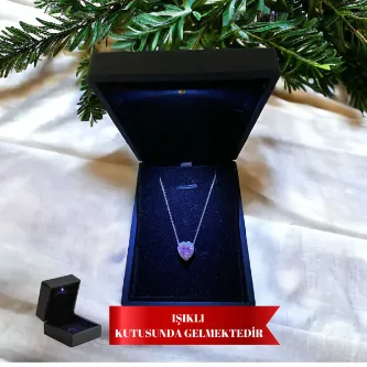 ZEY GÜMÜŞ Işıklı Kutuda Pembe Zirkon Taşlı Kalp & Halo Tektaş Gümüş Kolye görsel 1