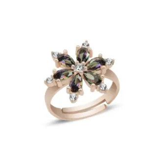 ZEY GÜMÜŞ Lotus Çiçeği Mistik Topaz Zirkon Taşlı Ayarlanabilir Boylu Yüzük 925 Ayar Gümüş görsel 1