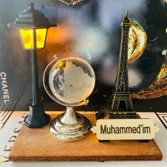 MYK HEDİYE VE SANAT ATÖLYESİ  Ofis Hediyesi Set Cam Dünya Küre Metal Eyfel Sokak Lambası Ahşap Kaide görsel 1