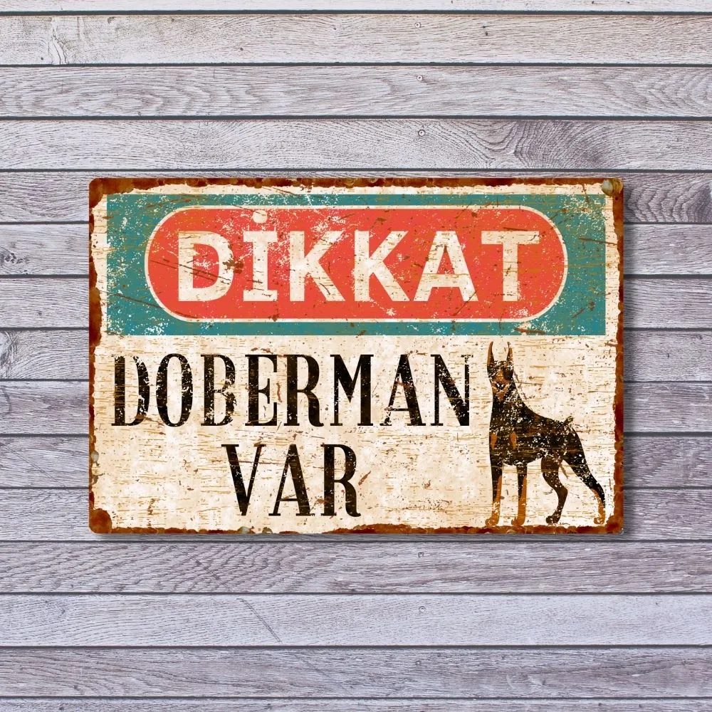 Dikkat Köpek Var Uyarı Levhası - Vintage Dikkat Doberman Var Metal Uyarı Levhası - 15cm X 22,5cm görsel 4