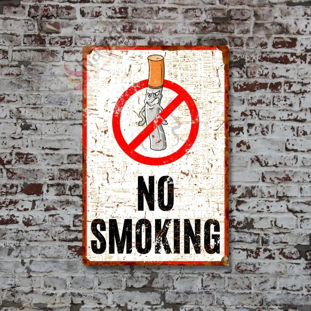 Sinsi Gülüş Karikatürlü No Smoking, Pas Görünümlü Sigara içmek Yasaktır Metal Tabela 20cm x 30cm görsel 5