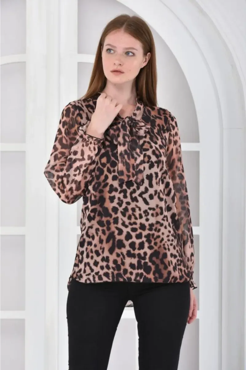 Modkofoni Leopar Desenli Astarlı Kahverengi Tül Kadın Bluz görsel 2