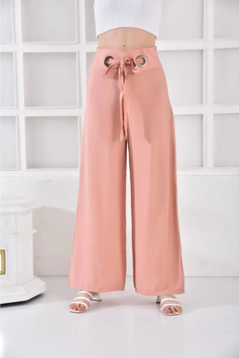 Modkofoni Halkalı Bol Paça Bağcıklı Pudra Keten Kadın Pantolon görsel 4
