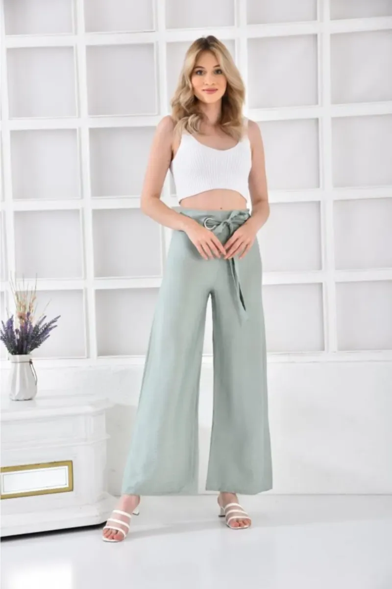 Modkofoni Halkalı Bol Paça Bağcıklı Mint Yeşili Keten Kadın Pantolon görsel 2