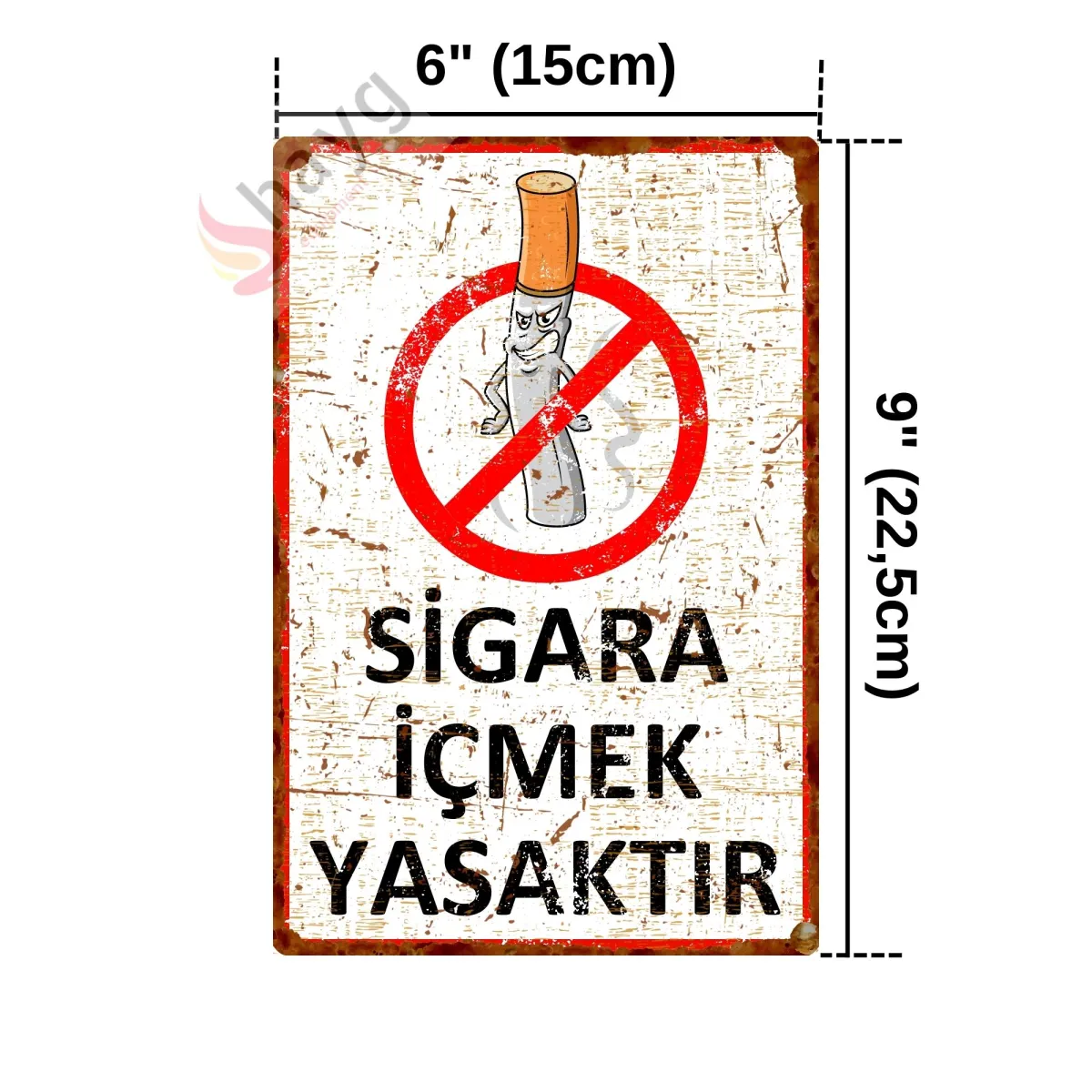 Sinsi Gülüş Karikatürlü Sigara İçmek Yasaktır, Pas Görünümlü Metal Uyarı Levhası 15cm x 22,5cm görsel 4