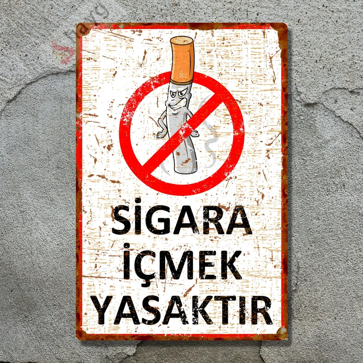 Sinsi Gülüş Karikatürlü Sigara İçmek Yasaktır, Pas Görünümlü Metal Uyarı Levhası 20cm x 30cm görsel 5