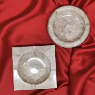 Pergamon 2'li Set Bej Mermer Kare Ve Yuvarlak Küllük Kül Tablası görsel 1