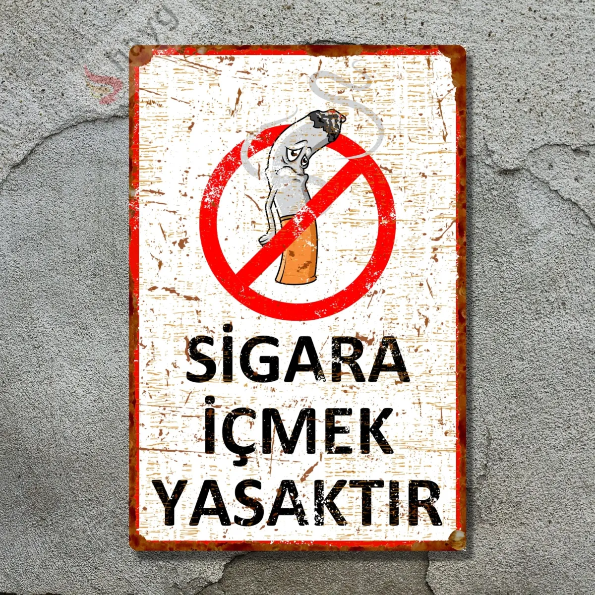 Hasta Karikatürlü Sigara İçmek Yasaktır, Pas Görünümlü Metal Uyarı Levhası 20cm x 30cm görsel 5