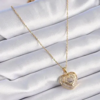 BUTİK AYVİTRİN 316L Çelik Gold Renk Zirkon Taşlı Kalp Model Vintage Kadın Kolye görsel 1