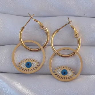 BUTİK AYVİTRİN 316L Çelik Gold Renk Zirkon Taşlı Mavi Göz Tasarımlı Halka Küpe görsel 1