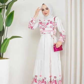 Butik Ayvitrin Kadın Otantik Çiçek Desen Keten Linen Tesettür Elbise görsel 1