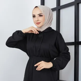 BUTİK AYVİTRİN Kadın Scuba Krep Elbise Kapüşonlu Siyah görsel 1